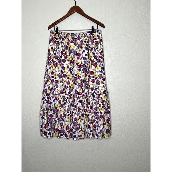 J.Crew skirt size M tiered midi floral burgundy/yellow elastic waiset adjustable - Picture 2 of 10